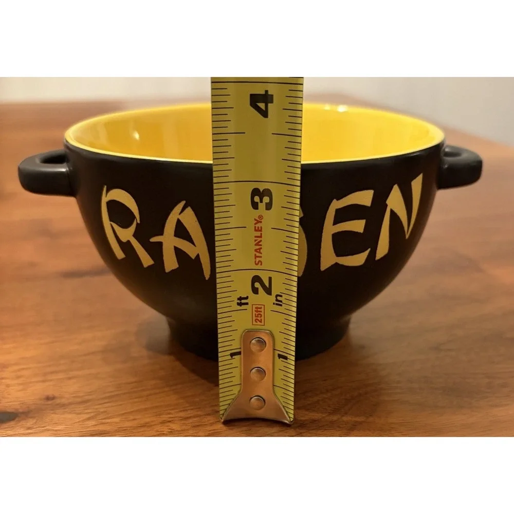 World Market Ramen Noodle Bowl Black Matte Ceramic Yellow Interior with Handles